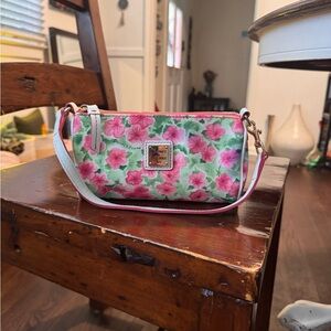 Vintage Y2K Dooney & Bourke "Pink Petunia" print shoulder bag.